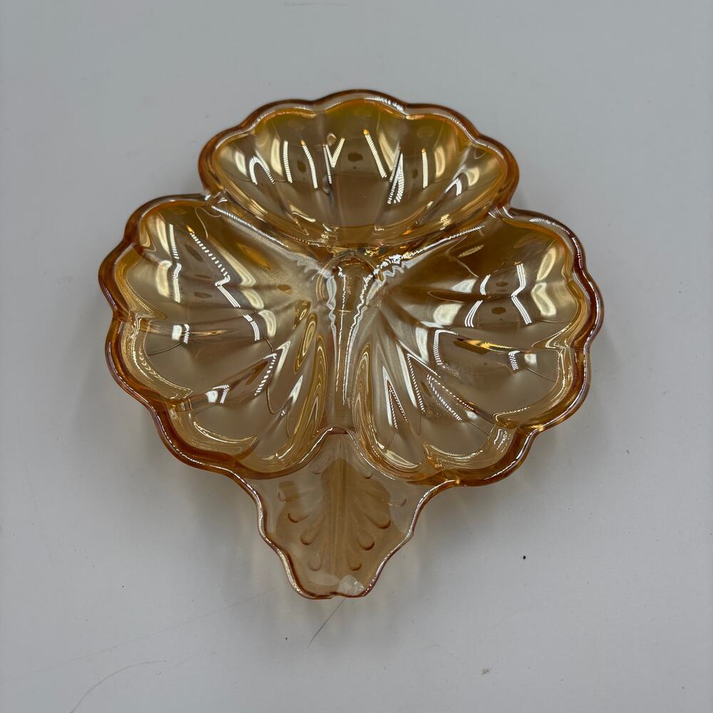 Vintage Jeannette Glass Clover Shaped Divided Candy Dish Marigold Carnival